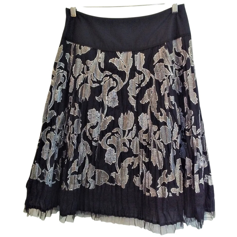 Nygard Collection Black Silver Floral Embroidered Crinkle Midi Skirt Tulle Hem 6